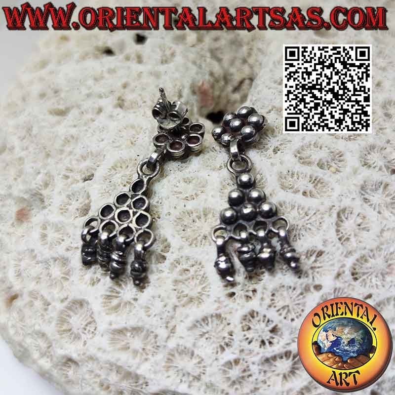 Pendientes de plata con bolas, lóbulo hexagonal con triángulo 3x3 y colgantes