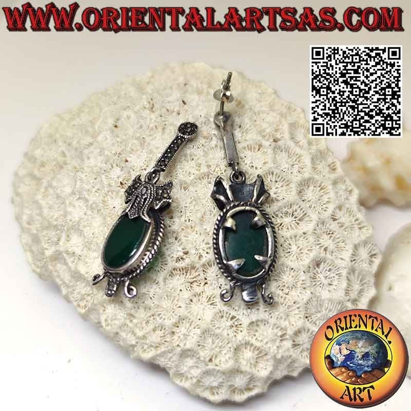 Silver earrings with oval green agate surrounded by weaving and attached by a bow studded with marcasite