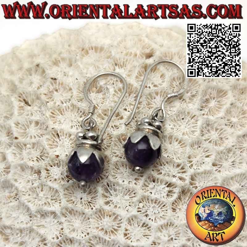 Boucles d'oreilles à levier en argent avec sphère d'améthyste avec capuchon