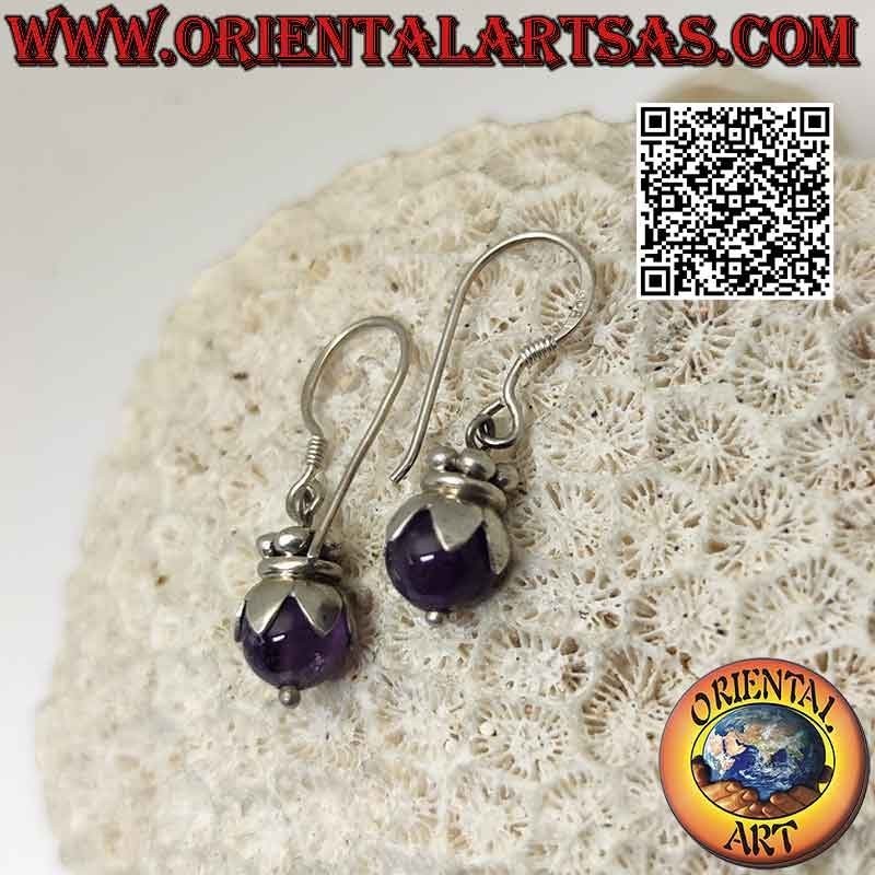Silver leverback earrings with amethyst sphere with hood