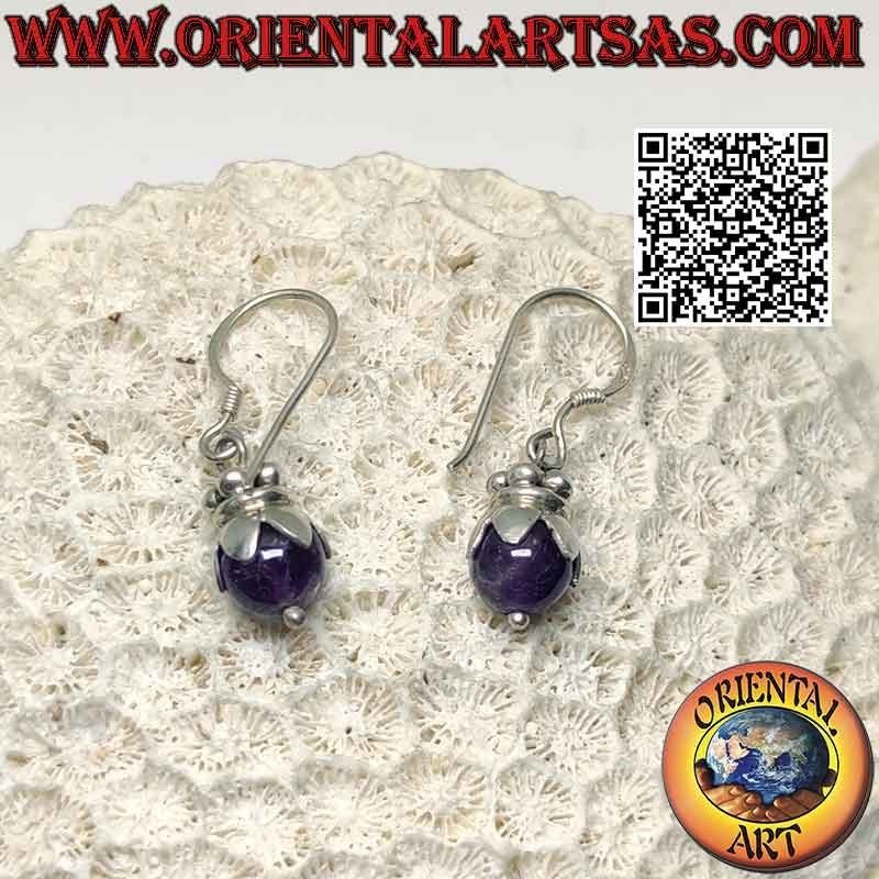 Silver leverback earrings with amethyst sphere with hood