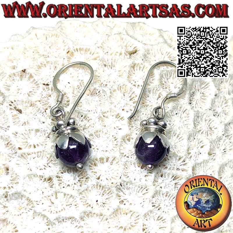 Silver leverback earrings with amethyst sphere with hood