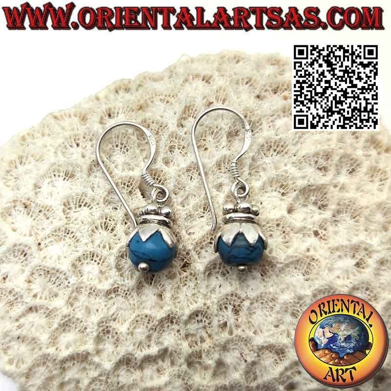 Silver leverback earrings with turquoise sphere with hood