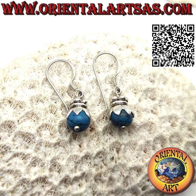 Silver leverback earrings with turquoise sphere with hood