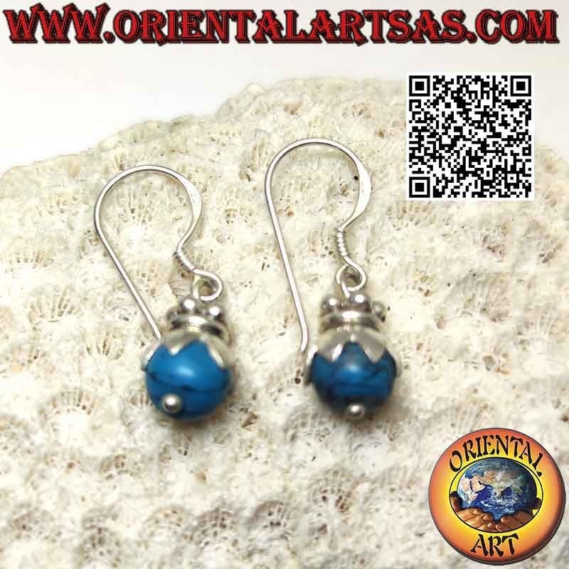 Silver leverback earrings with turquoise sphere with hood