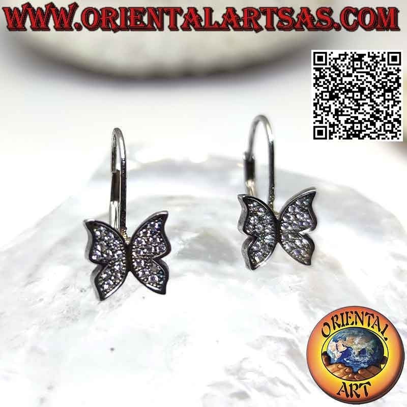 Boucles d'oreilles crochet rigide en argent avec pendentif papillon serti de zircons blancs