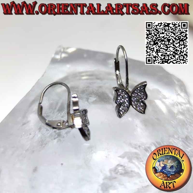 Boucles d'oreilles crochet rigide en argent avec pendentif papillon serti de zircons blancs