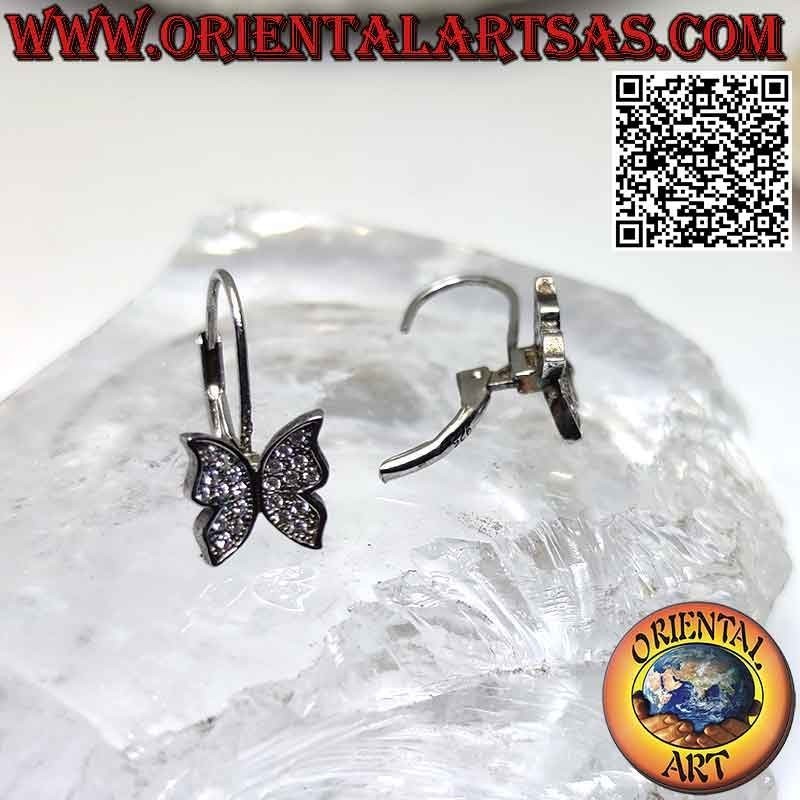 Rigid hook silver earrings with pendant butterfly studded with white zircons