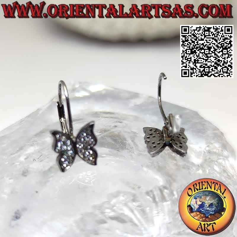 Rigid hook silver earrings with pendant butterfly studded with white zircons