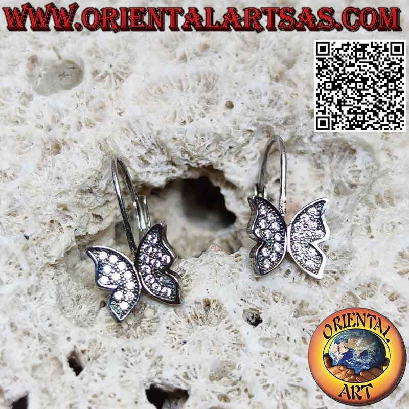 Boucles d'oreilles crochet rigide en argent avec pendentif papillon serti de zircons blancs
