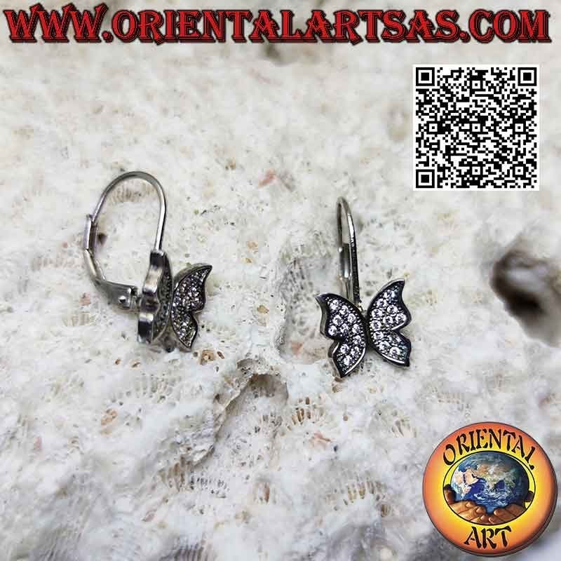 Boucles d'oreilles crochet rigide en argent avec pendentif papillon serti de zircons blancs