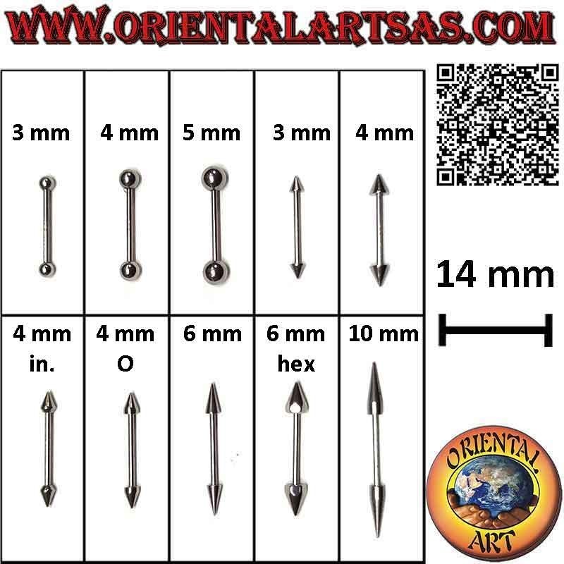Piercing recto con barra en acero quirúrgico (316L) de 14 mm x 1,2 mm de espesor