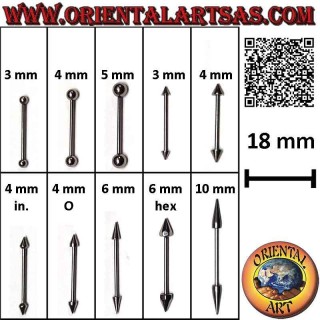 Piercing barbell droit en acier chirurgical (316L) 18 mm x 1,2 mm d'épaisseur