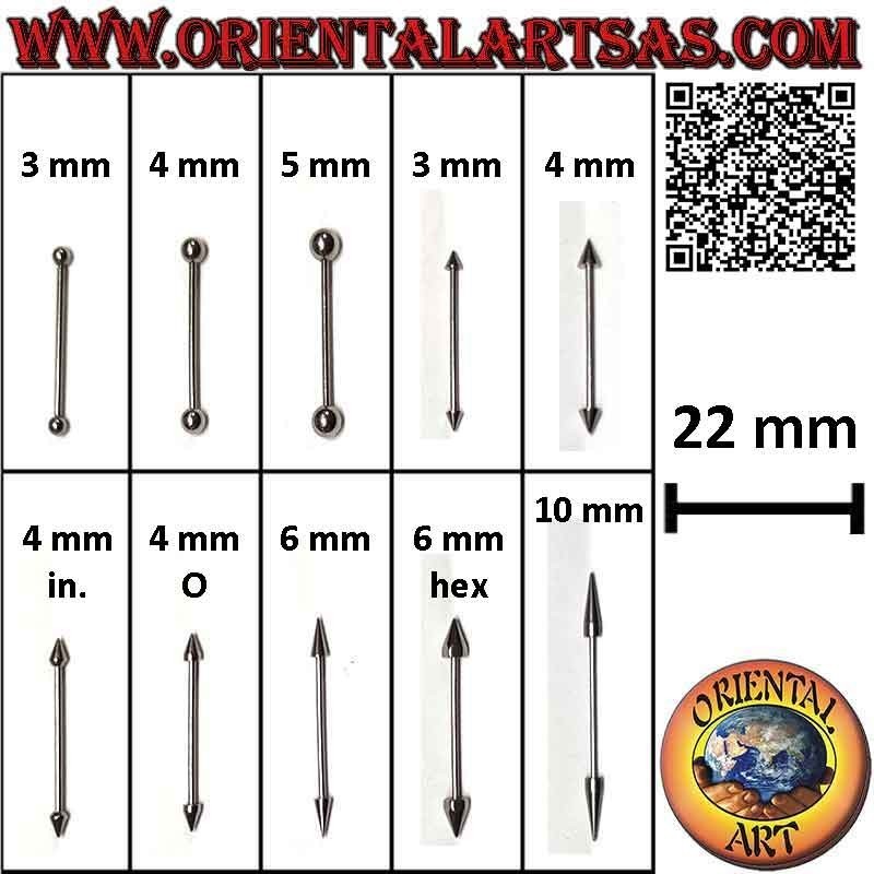 Piercing barbell droit en acier chirurgical (316L) 22 mm x 1,2 mm d'épaisseur