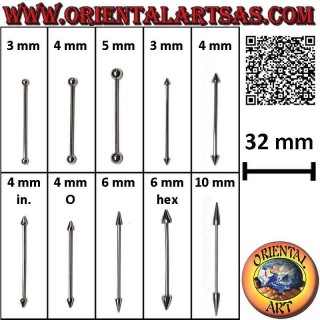 Piercing barretta (straight barbell) in acciaio chirurgico (316L) da 32 mm x 1,2 mm spessore