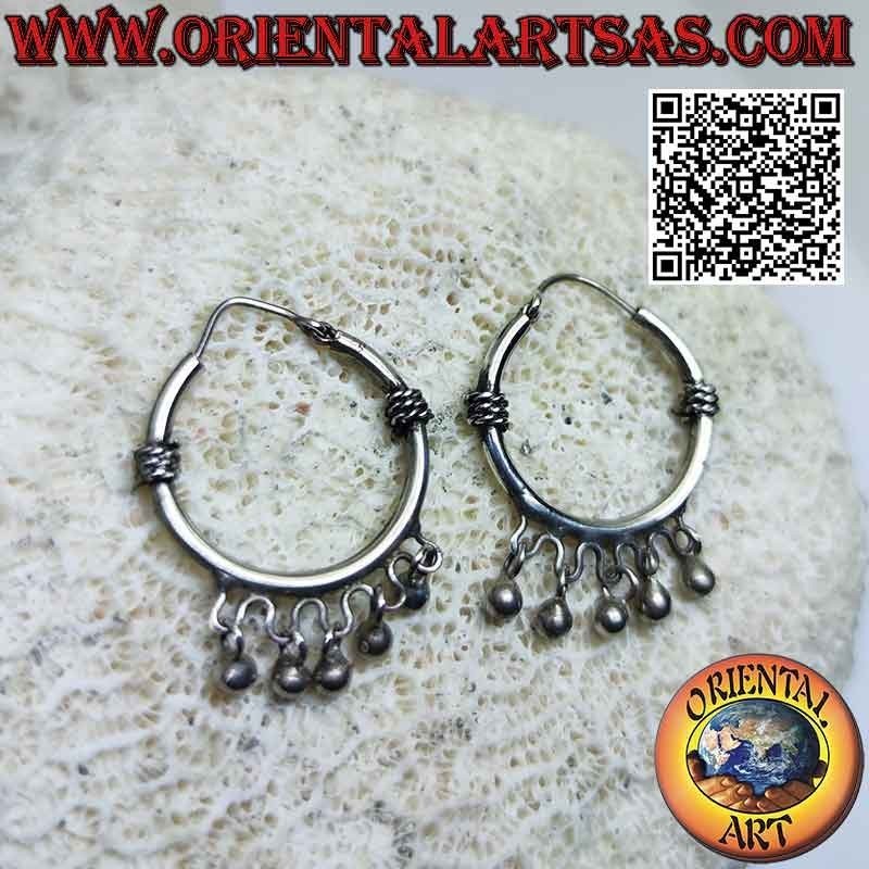 925 ‰ silver earrings, 22 mm smooth circles with interlacing on the sides and hanging balls