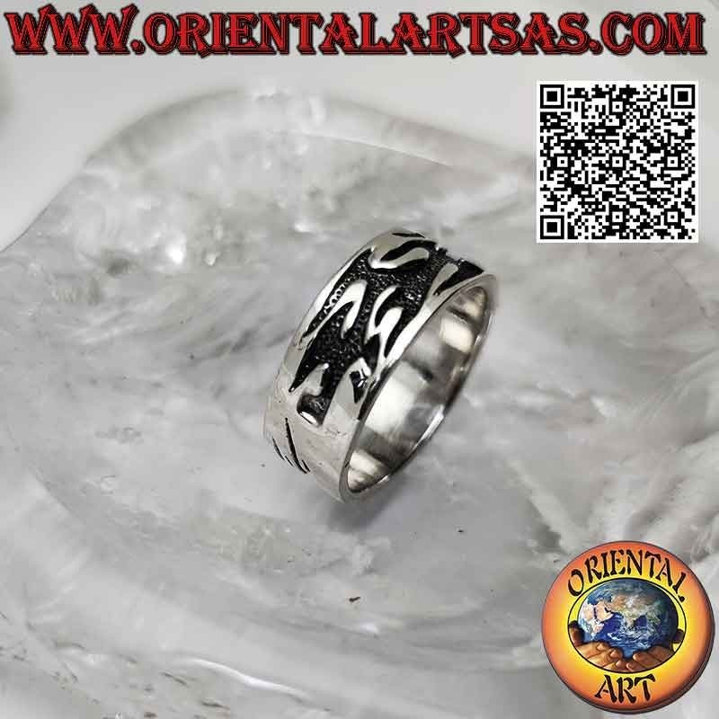 Flat band silver ring with deep bas-relief tribal flames