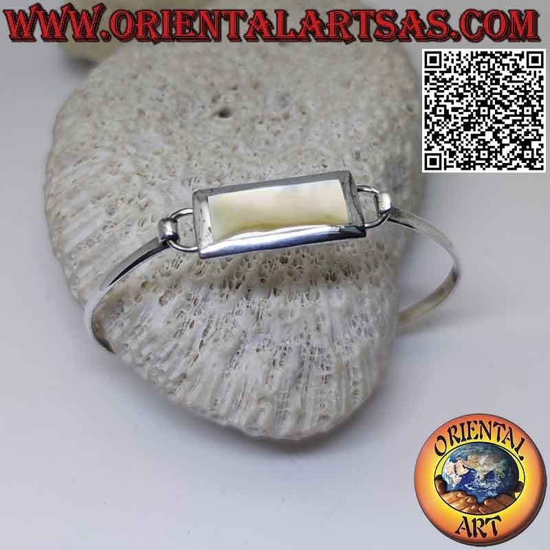 Pulsera rígida lisa de plata 925 ‰ con hilo de nácar rectangular (cierre entrelazado) (B)