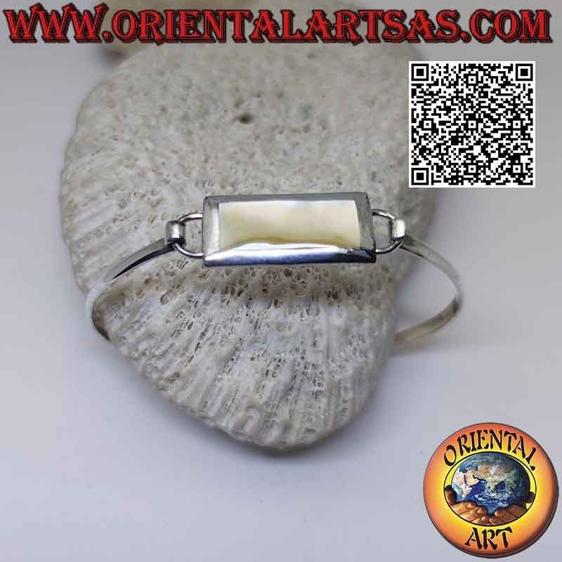 Bracelet lisse rigide en argent 925‰ avec fil de nacre rectangulaire (fermoir à emboîtement) (B)