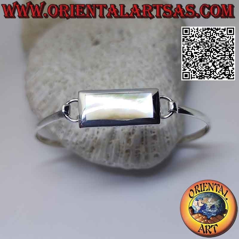 Smooth rigid bracelet in 925 ‰ silver with rectangular mother-of-pearl wire (interlocking clasp) (B)