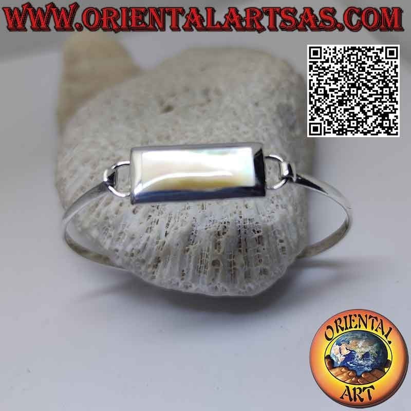 Smooth rigid bracelet in 925 ‰ silver with rectangular mother-of-pearl wire (interlocking clasp) (B)