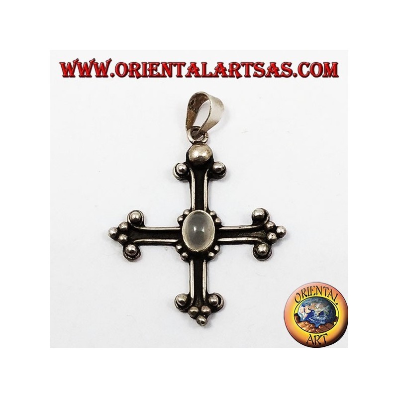 Silver pendant, cross anchored with adularia moonstone