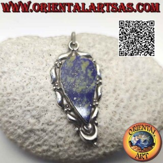 Silver pendant, large inverted drop of flat lapis lazuli on a smooth decorated frame