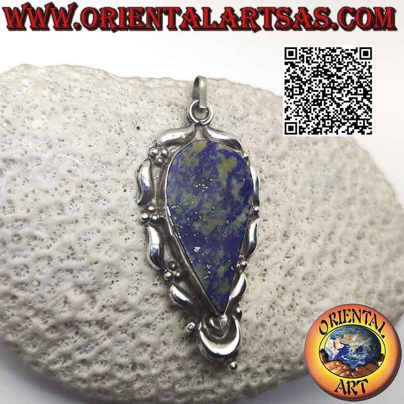 Silberanhänger, großer umgekehrter Tropfen aus flachem Lapislazuli auf einem glatten, verzierten Rahmen