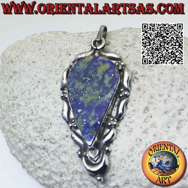 Silberanhänger, großer umgekehrter Tropfen aus flachem Lapislazuli auf einem glatten, verzierten Rahmen