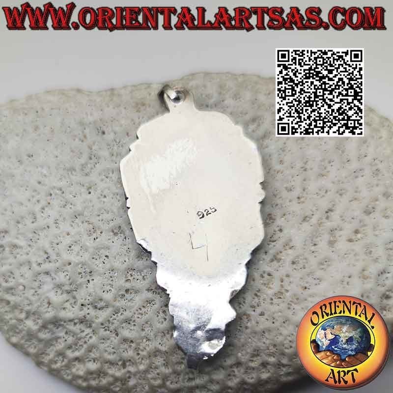 Pendentif en argent, grosse goutte inversée de lapis lazuli plat sur une monture lisse décorée