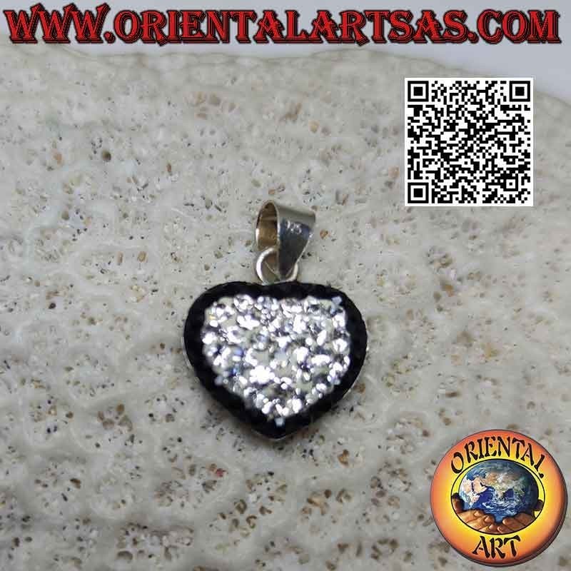 Silver pendant, heart of love studded with white micro-rhinestones and black contours