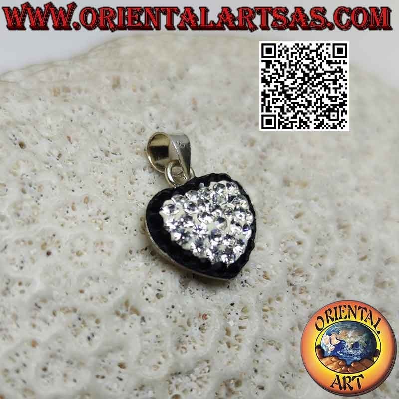 Ciondolo in argento, cuore dell'amore tempestato di micro-strass bianchi e contorno neri