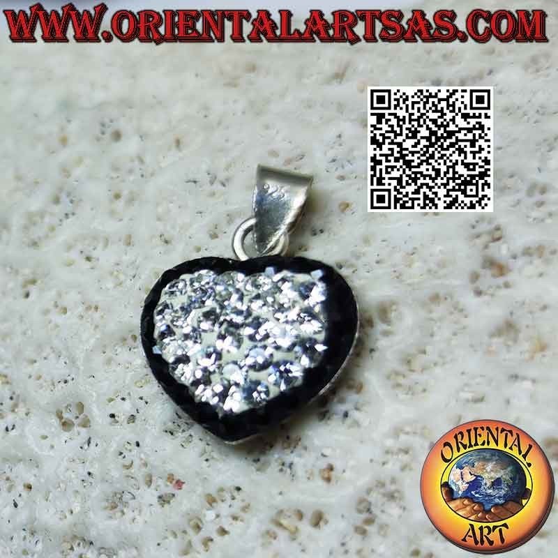 Pendentif en argent, coeur d'amour constellé de micro-strass blancs et contours noirs