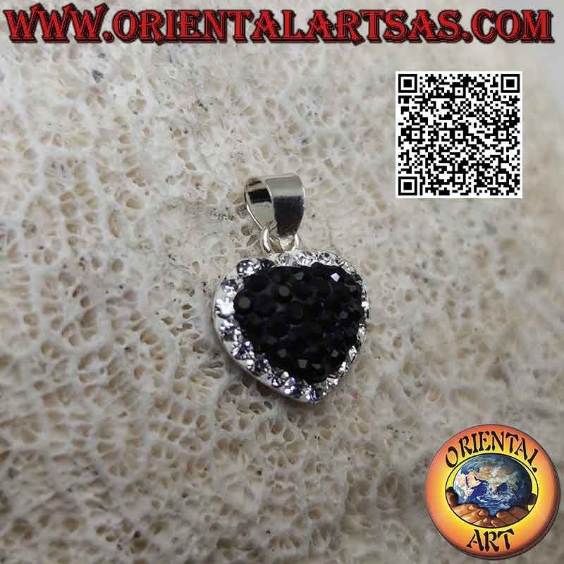 Pendentif en argent, coeur d'amour parsemé de micro-strass noirs et contour blanc