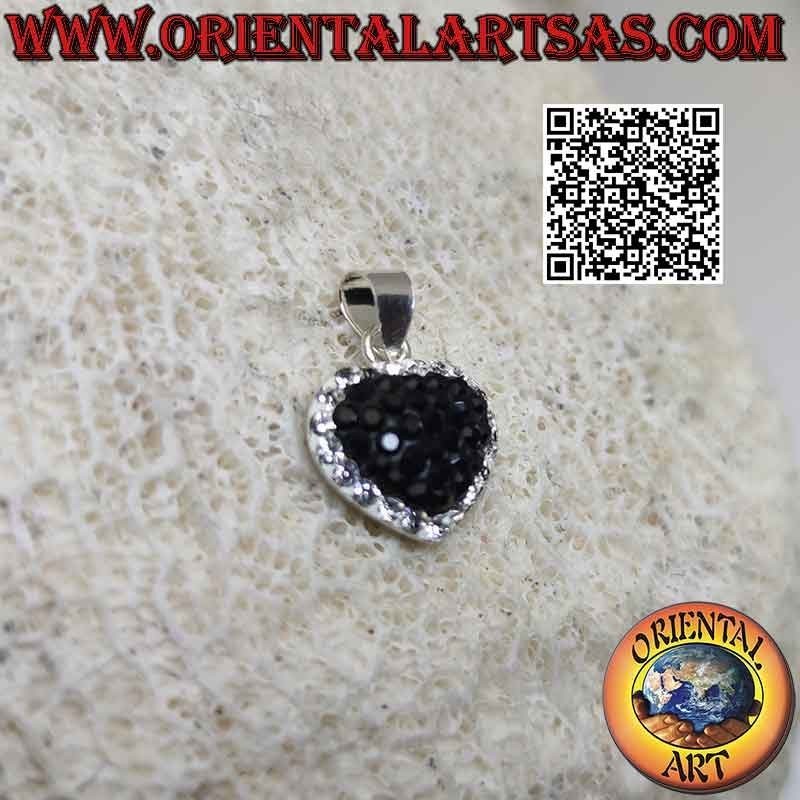 Ciondolo in argento, cuore dell'amore tempestato di micro-strass neri e contorno bianchi