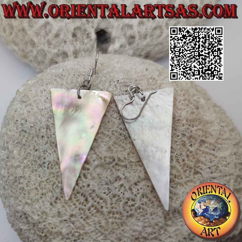 Silver leverback earrings with inverted isosceles triangle of rosé mother-of-pearl