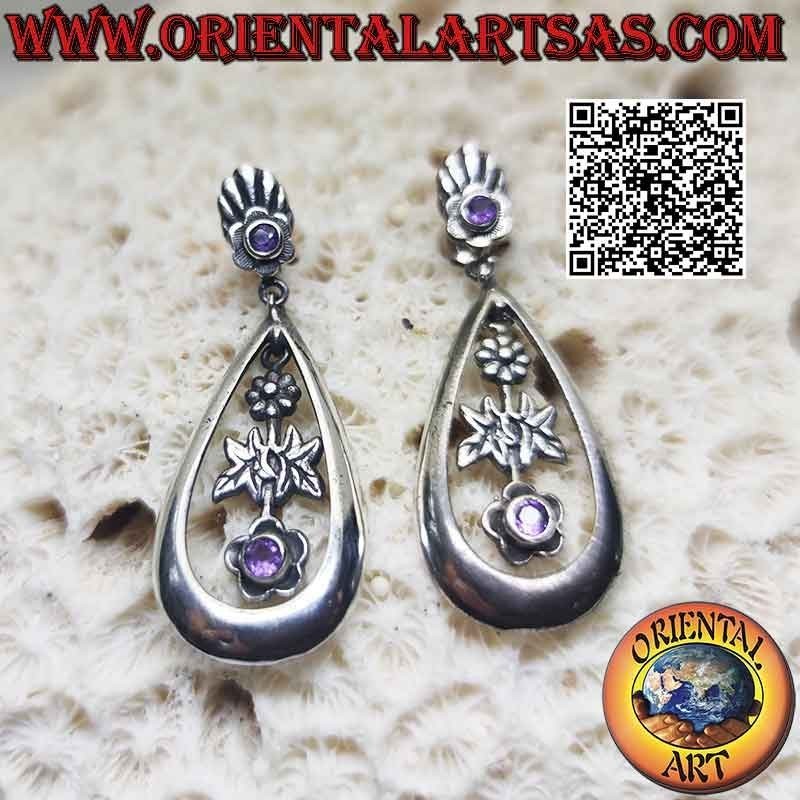 Silver earrings with amethyst crowned by lobe and drop pendant with sunflower and amethyst flower inside