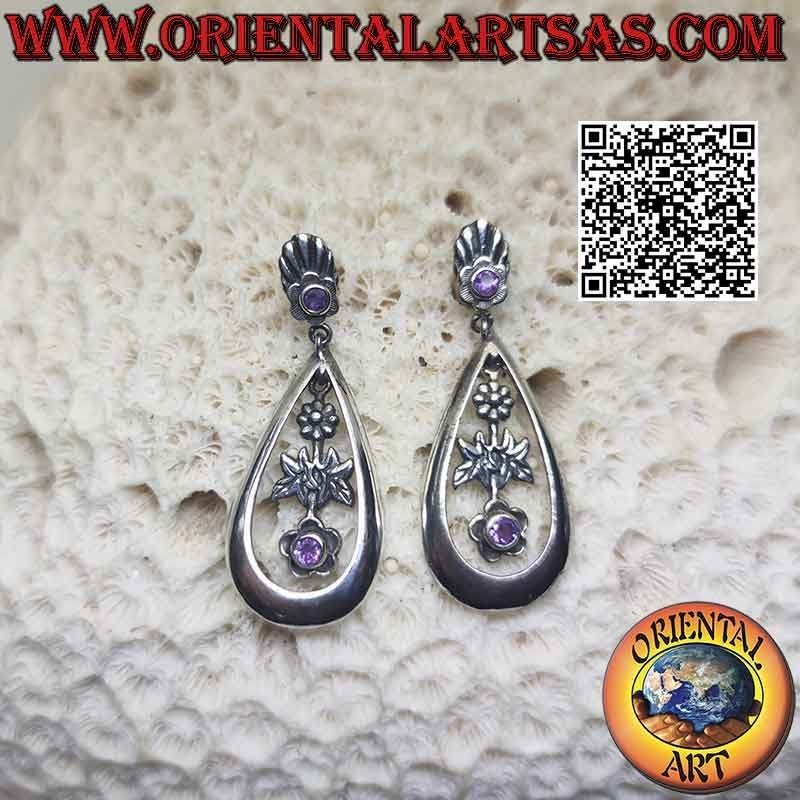 Pendientes de plata con amatista coronados por lóbulo y colgante gota con girasol y flor de amatista en su interior