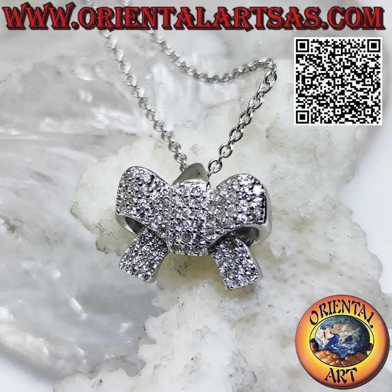 Silver bow pendant studded with zircons complete with 45 cm chain