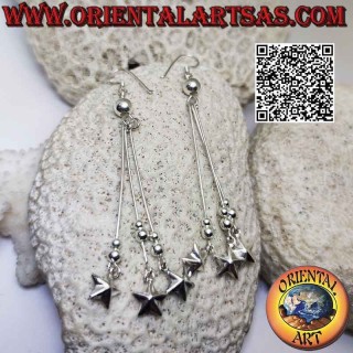 Silver leverback earrings with trio of threads, balls and hanging stars