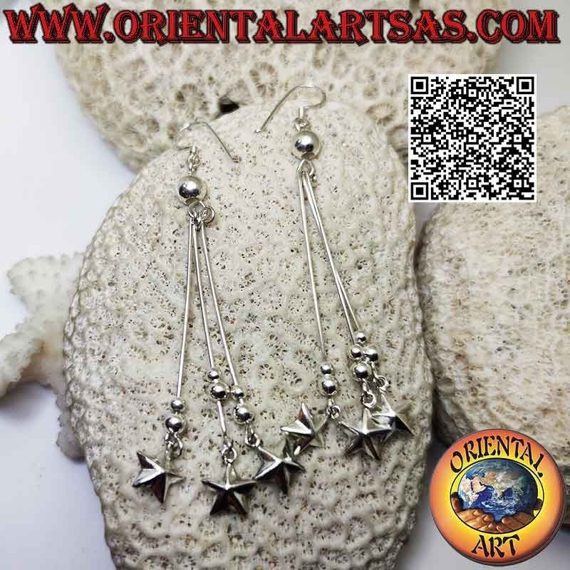 Boucles d'oreilles à levier en argent avec trio de fils, boules et étoiles suspendues
