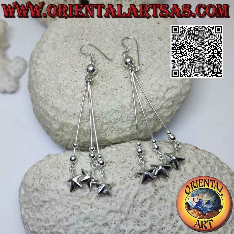 Silver leverback earrings with trio of threads, balls and hanging stars