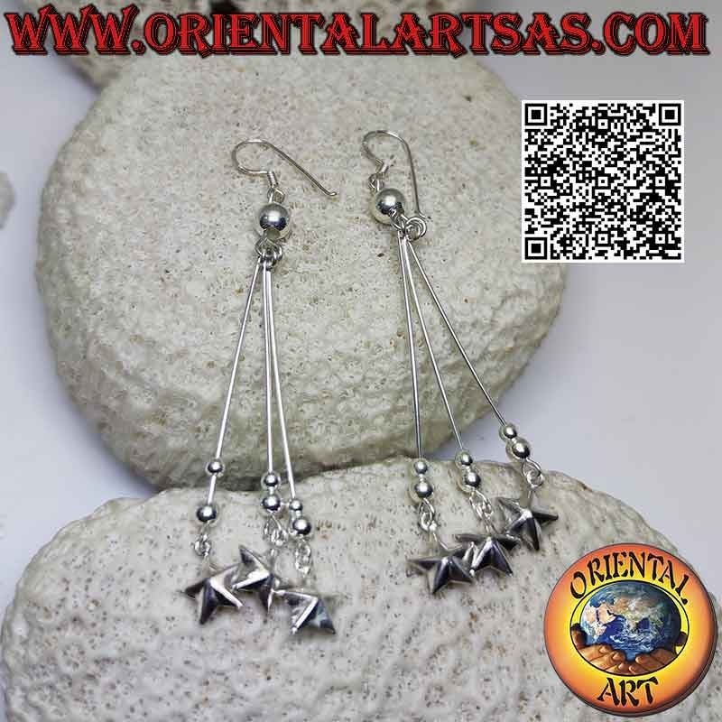 Silver leverback earrings with trio of threads, balls and hanging stars