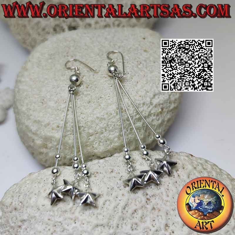 Silver leverback earrings with trio of threads, balls and hanging stars
