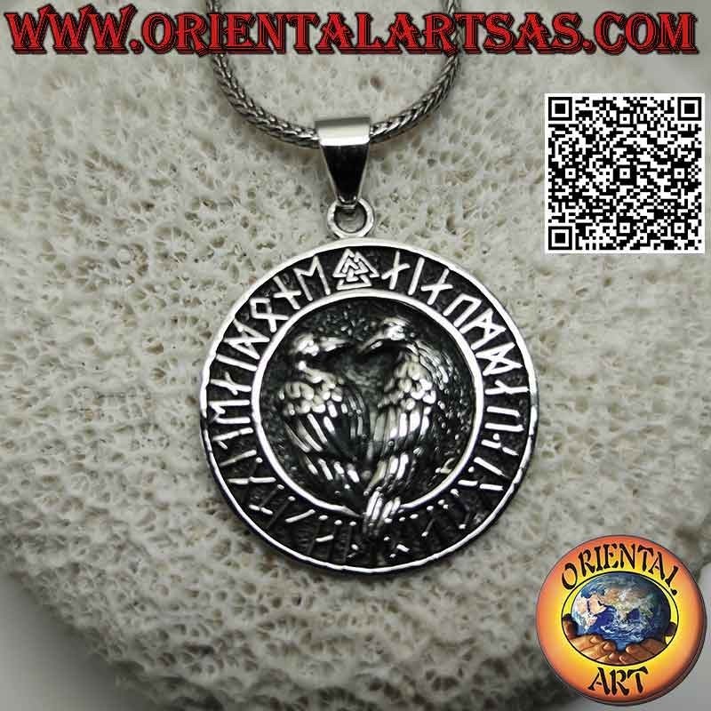 Silver pendant, "Huginn and Muninn" the ravens of Odin in the disc of runes