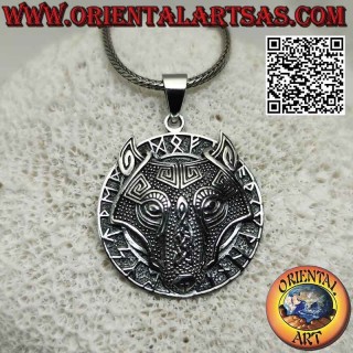 Pendentif en argent, tête de loup avec noeud celtique dans le disque runique