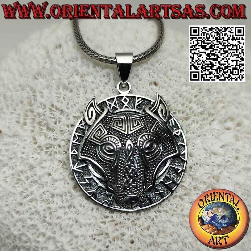 Silver pendant, wolf head with Celtic knot in the rune disc