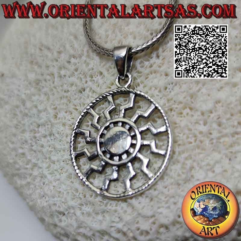 Colgante de plata, sol negro o sol simple rueda perforada y disco trenzado (24 mm Ø)
