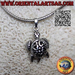 Silver pendant in the shape of a mobile (moving) sea turtle with bas-relief hearts on the shell