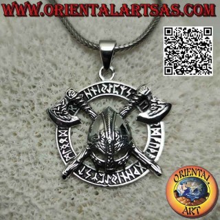 Silver pendant, Viking helmet between axes crossed in the disc of Celtic runes